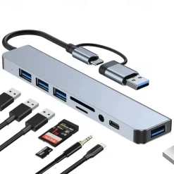 8 In 1 USB Hub Dual Purpose Hub With USB & Type C Interfaces 8-port USB C Hub With USB 3.0 USB 2.0 Micro SD/TF Card Reader Microphone/audio & Other Interfaces