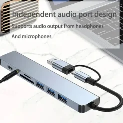 8 In 1 USB Hub Dual Purpose Hub With USB & Type C Interfaces 8-port USB C Hub With USB 3.0 USB 2.0 Micro SD/TF Card Reader Microphone/audio & Other Interfaces