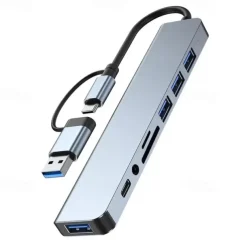 8 In 1 USB Hub Dual Purpose Hub With USB & Type C Interfaces 8-port USB C Hub With USB 3.0 USB 2.0 Micro SD/TF Card Reader Microphone/audio & Other Interfaces