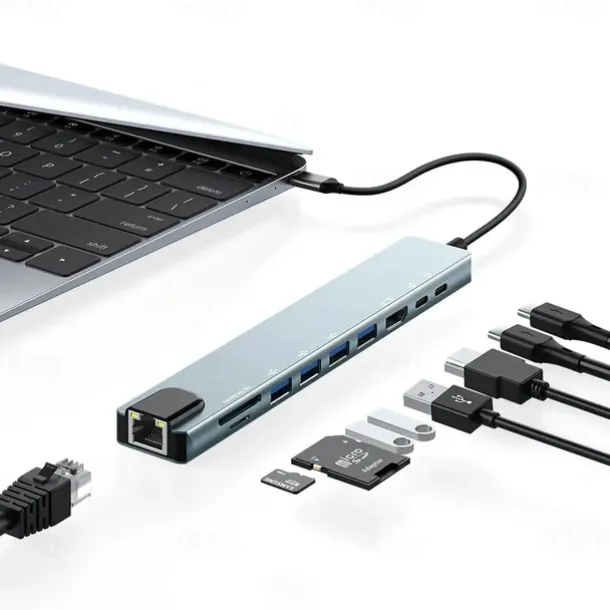 10 in 1 USB Hubs with HD 4K@30Hz USB3.0 USB2.0 Type-C 2.0 RJ45 Ethernet 100W PD Charging SD TF Card Slots Docking Station