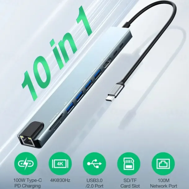 10 in 1 USB Hubs with HD 4K@30Hz USB3.0 USB2.0 Type-C 2.0 RJ45 Ethernet 100W PD Charging SD TF Card Slots Docking Station