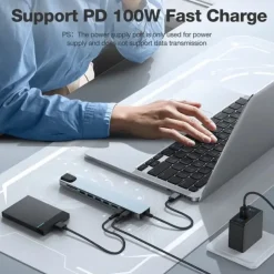 10 in 1 USB Hubs with HD 4K@30Hz USB3.0 USB2.0 Type-C 2.0 RJ45 Ethernet 100W PD Charging SD TF Card Slots Docking Station