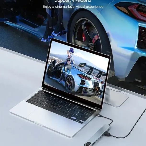 10 in 1 USB Hubs with HD 4K@30Hz USB3.0 USB2.0 Type-C 2.0 RJ45 Ethernet 100W PD Charging SD TF Card Slots Docking Station