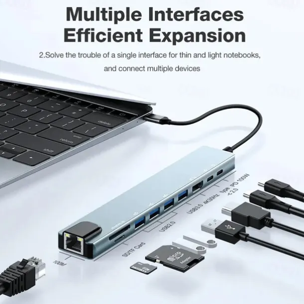 10 in 1 USB Hubs with HD 4K@30Hz USB3.0 USB2.0 Type-C 2.0 RJ45 Ethernet 100W PD Charging SD TF Card Slots Docking Station