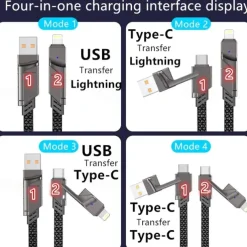 4 In 1 USB Type C Data Cable Fast Charging For iPhone 15 14 13 12 11 Samsung Xiaomi Redmi Huawei Wire Cable Fast Charger