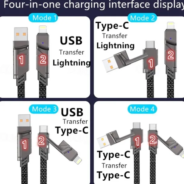 4 In 1 USB Type C Data Cable Fast Charging For iPhone 15 14 13 12 11 Samsung Xiaomi Redmi Huawei Wire Cable Fast Charger