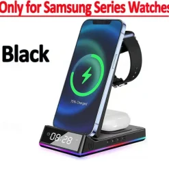 5 In 1 15W Foldable Wireless Charger Stand RGB Dock LED Clock Fast Charging Station for iPhone Samsung Galaxy Watch 5/4 S22 S21