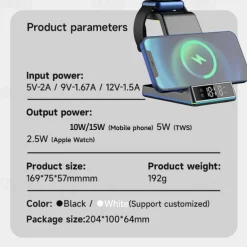 5 In 1 15W Foldable Wireless Charger Stand RGB Dock LED Clock Fast Charging Station for iPhone Samsung Galaxy Watch 5/4 S22 S21