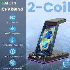 5 In 1 15W Foldable Wireless Charger Stand RGB Dock LED Clock Fast Charging Station for iPhone Samsung Galaxy Watch 5/4 S22 S21