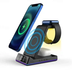 5 In 1 15W Foldable Wireless Charger Stand RGB Dock LED Clock Fast Charging Station for iPhone Samsung Galaxy Watch 5/4 S22 S21