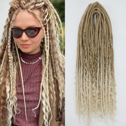 24 Inch 18 Strands Synthetic Double Ended Dreadlock Extensions 3 In 1 Mixed Curly Ends Hippie Style Boho Wavy DE Dreads Braid in Dreadlock Extensions