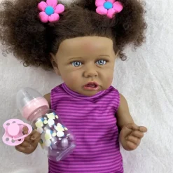 22 inch Black Dolls Reborn Doll Baby & Toddler Toy Doll Reborn Baby Doll Baby Baby Girl African Doll Reborn Baby Doll Saskia Newborn lifelike Gift Hand Made Non Toxic Vinyl W-05022 with Clothes and