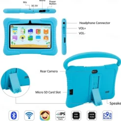 7 Inch Kids Education Tablet PC 2GB RAM32G ROM , Safety Eye Protection Screen, WiFi, Dual Camera , Games, Parental Lock, Study PC With Silicone Protect Case