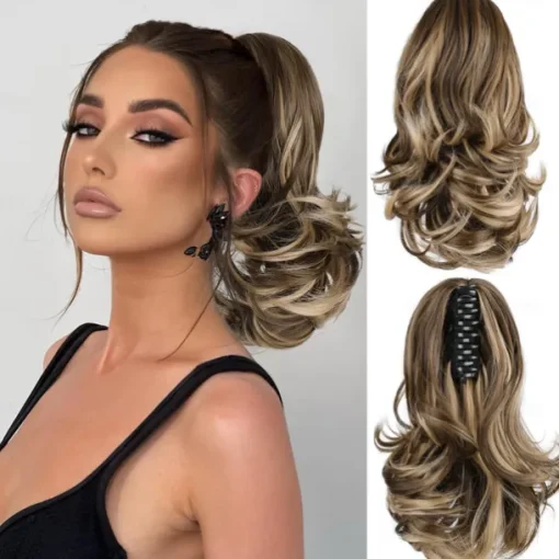12 Inch Pony Tails Hair Extensions, Short Thick Ponytail Extension Clip in Claw Pony Tails Hair Extensions for Women Natural Curly Fake Ponytail Hair Piece for Daily Use