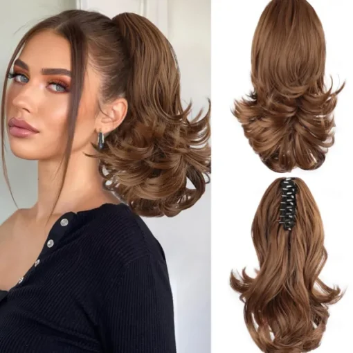 12 Inch Pony Tails Hair Extensions, Short Thick Ponytail Extension Clip in Claw Pony Tails Hair Extensions for Women Natural Curly Fake Ponytail Hair Piece for Daily Use