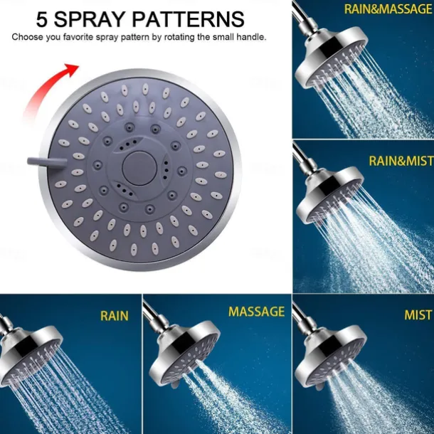 4/6 inch Rainfall Shower Head Set, 5 Mode Sprayer Showerhead with Water Filter, 360-degree Rotation High Pressure Overhead Shower Head Arm Chrome Black Silver