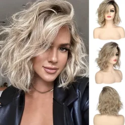 14 inch Short Curly Wavy Bob Wigs for Women Dirty Blonde Wavy Wigs with Side Bangs Synthetic Hair Wig