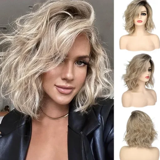14 inch Short Curly Wavy Bob Wigs for Women Dirty Blonde Wavy Wigs with Side Bangs Synthetic Hair Wig