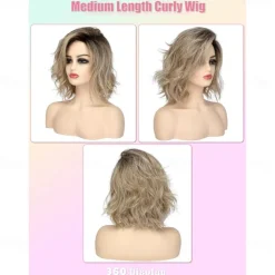 14 inch Short Curly Wavy Bob Wigs for Women Dirty Blonde Wavy Wigs with Side Bangs Synthetic Hair Wig