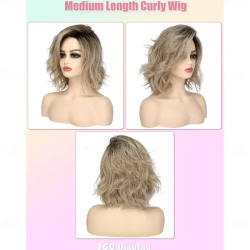 14 inch Short Curly Wavy Bob Wigs for Women Dirty Blonde Wavy Wigs with Side Bangs Synthetic Hair Wig