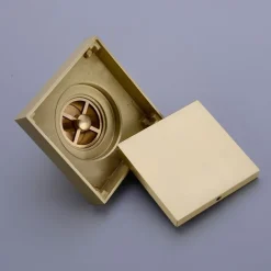 4 inch Shower Floor Drain Square, Removable Brass Flange Reversible 2-in-1 Cover Tile Insert Grate, Hair Catcher Strainer Black Chrome Golden