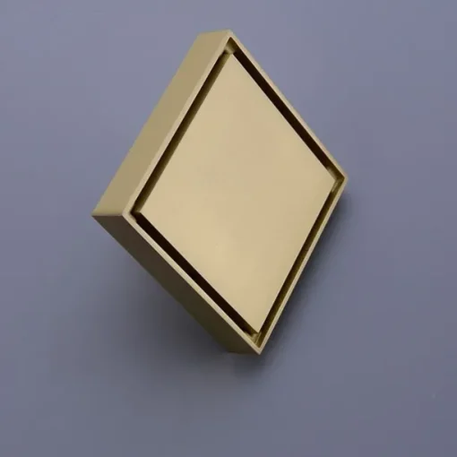 4 inch Shower Floor Drain Square, Removable Brass Flange Reversible 2-in-1 Cover Tile Insert Grate, Hair Catcher Strainer Black Chrome Golden