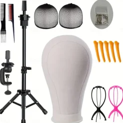 22 Inch Wig Head/ Stand Tripod with Head CanvasMannequin Head for WigsManikin Head Block SetMaking Display with Wig caps70 T &C Pins Set2 Combs2 Wig StandMni Tripod5 Hair Clips