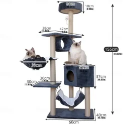 61 Inches Cat Tree/Cat Tree House and Towers for Large Cat/Cat Climbing Tree with Cat Condo/Cat Tree Scratching Post/Perches/Hammock, Multi-Level Large Cat Tree