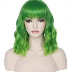 14 Inches Green Ombre Wig with Bangs Women Girls Short Curly Wavy Bob Wig Shoulder Synthetic Carnival Party Wigs St.Patrick's Day Wigs