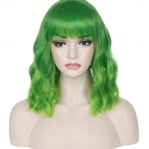 14 Inches Green Ombre Wig with Bangs Women Girls Short Curly Wavy Bob Wig Shoulder Synthetic Carnival Party Wigs St.Patrick's Day Wigs
