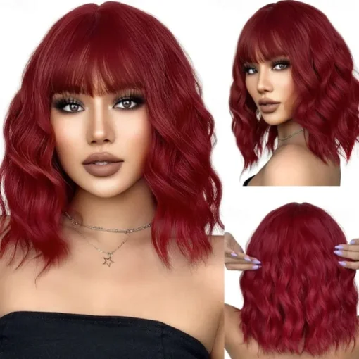 14 Inches Green Ombre Wig with Bangs Women Girls Short Curly Wavy Bob Wig Shoulder Synthetic Carnival Party Wigs St.Patrick's Day Wigs