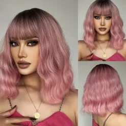 14 Inches Green Ombre Wig with Bangs Women Girls Short Curly Wavy Bob Wig Shoulder Synthetic Carnival Party Wigs St.Patrick's Day Wigs