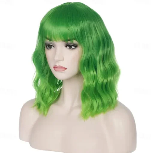 14 Inches Green Ombre Wig with Bangs Women Girls Short Curly Wavy Bob Wig Shoulder Synthetic Carnival Party Wigs St.Patrick's Day Wigs