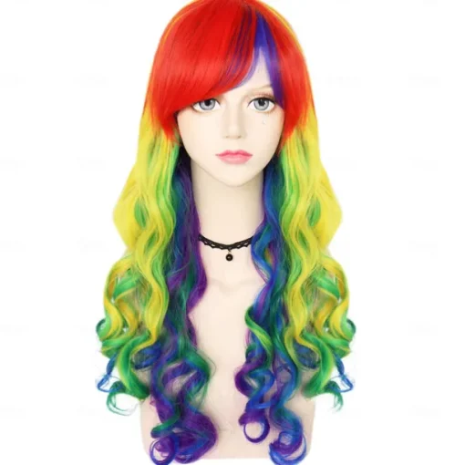 14 Inches Rainbow Wig Short Curly Wig with Bangs Synthetic Wigs Women Girls Colorful Wigs Pride Outfits Halloween Wigs