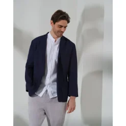 100% Linen Men's Linen Blazer Blazer Business Formal Evening Wedding Party Fashion Casual Spring & Fall Plain Pocket Casual / Daily Single Breasted Blazer Black Dark Blue