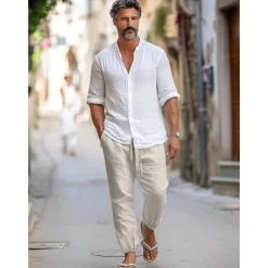 100% Linen Men's Linen Pants Trousers Summer Pants Drawstring Elastic Waist Elastic Cuff Plain Breathable Comfortable Daily Vacation Going out Classic Casual Black Navy Blue