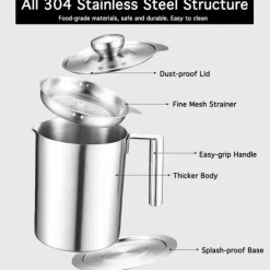 1.2 L/1.7L Stainless Steel Grease Strainer and Container - Large Oil Storage Pot Grease Keeper with Dust-Proof Lid & Easy Grip Handle - for Bacon, Kitchen Cooking or Frying Oil