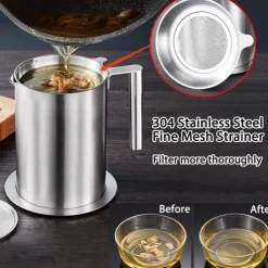 1.2 L/1.7L Stainless Steel Grease Strainer and Container - Large Oil Storage Pot Grease Keeper with Dust-Proof Lid & Easy Grip Handle - for Bacon, Kitchen Cooking or Frying Oil