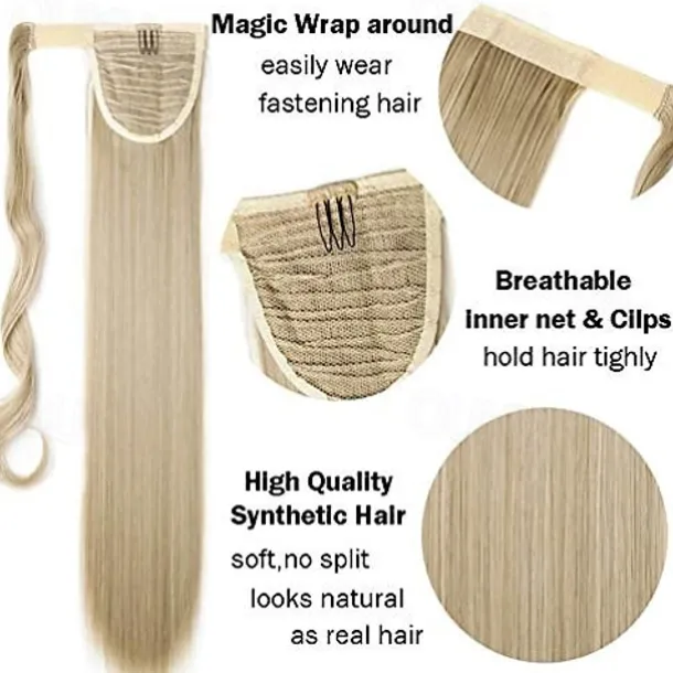 26" long straight wrap around ponytail extensions synthetic clip in ponytail hair extensions hairpiece - silver gray