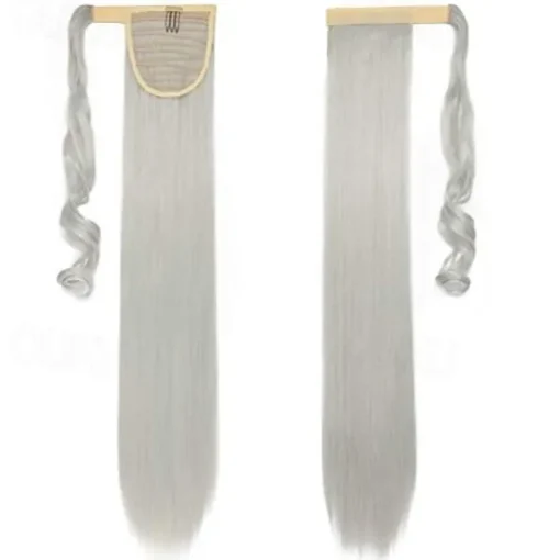 26" long straight wrap around ponytail extensions synthetic clip in ponytail hair extensions hairpiece - silver gray