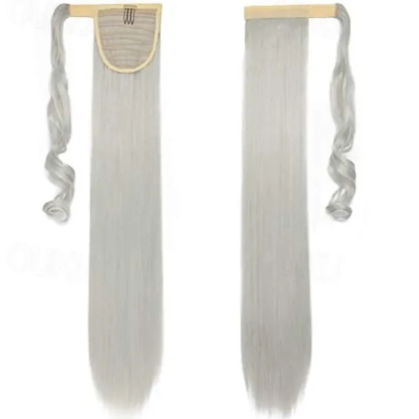 26" long straight wrap around ponytail extensions synthetic clip in ponytail hair extensions hairpiece - silver gray