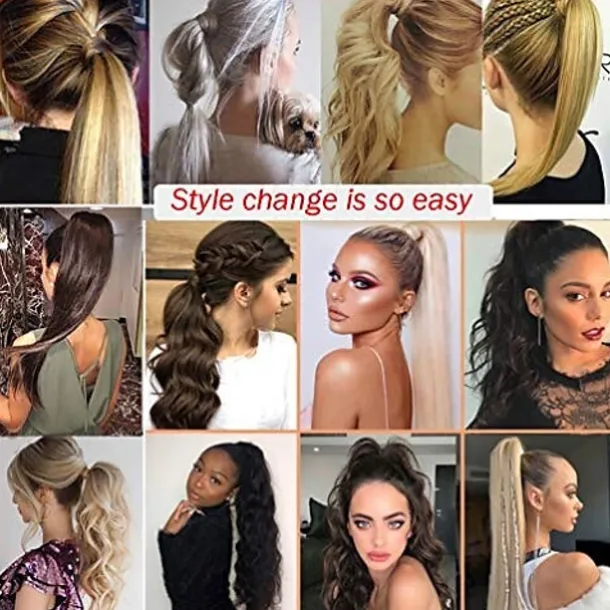 26" long straight wrap around ponytail extensions synthetic clip in ponytail hair extensions hairpiece - silver gray