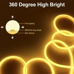 360 Neon Light LED Strip AC110 16-100 ft Flexible/Waterproof/ Dimmable Timing Warm White LED Rope Lightremote Control Suitable for Home/Garden/Building Decoration DIY Decor US Plug