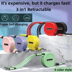 2023 New 3 In 1 Retractable USB Cable Mobile Phone Universal Charger Cable Fast Charging Cable USB Cable for Iphone for samsung for HUAWEI for Xiaomi for OPPO for Google