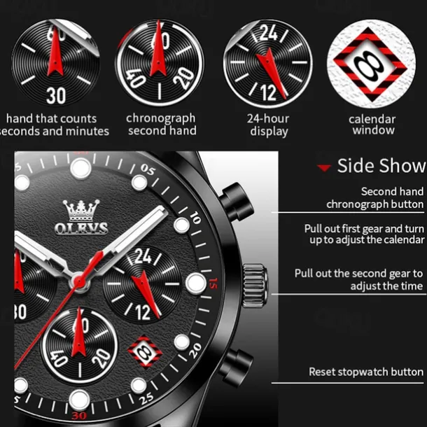 2024 New Olevs Brand Men'S Watches Chronograph Calendar 24-Hour Indication Quartz Watch Three Eyes Six Hands Waterproof Sports Men'S Wristwatch