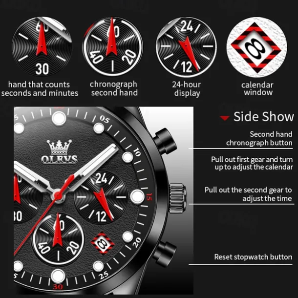 2024 New Olevs Brand Men'S Watches Chronograph Calendar 24-Hour Indication Quartz Watch Three Eyes Six Hands Waterproof Sports Men'S Wristwatch