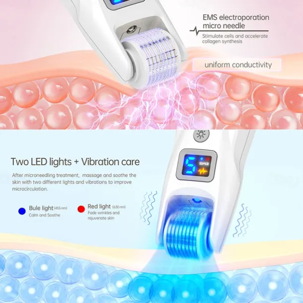 2023 Newest 540pins EMS Derma Roller Micro Current Microneedling Roller with Red Blue Light Therapy and Vibration Bio Roller G5