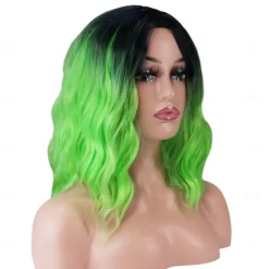 14" Ombre Green Short Bob Wavy Curly Wig, Lime Neon Green Heat Resistant Synthetic Wig for Cosplay, Shoulder Length Middle Part Wig for St Patrick's Day Daily Costume Party St.Patrick's Day Wigs