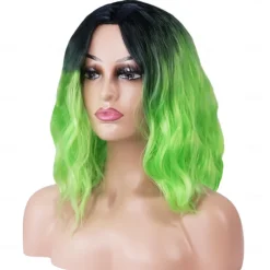 14" Ombre Green Short Bob Wavy Curly Wig, Lime Neon Green Heat Resistant Synthetic Wig for Cosplay, Shoulder Length Middle Part Wig for St Patrick's Day Daily Costume Party St.Patrick's Day Wigs