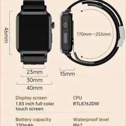 696 P300 Air Pump Blood Glucose Watch Smart Watch 1.83 inch Bluetooth Pedometer Call Reminder Sleep Tracker Compatible with Android iOS Men Hands-Free Calls Message Reminder IP67 40mm